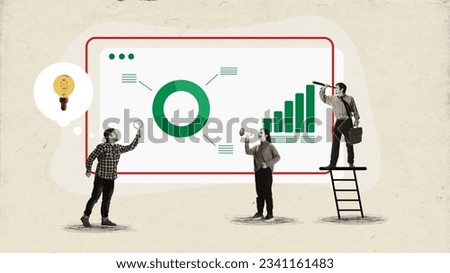 Art collage of bord with graphs and diagrams. People near it generate ideas and fixing them. Concept of rates, finance, economy, studing and ad.