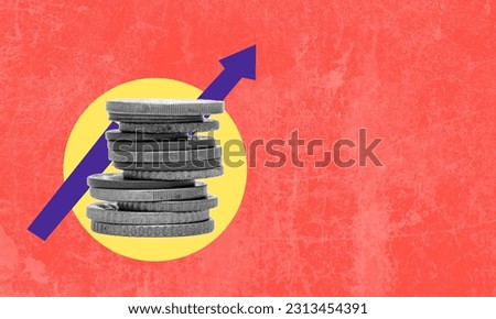Art collage, coins, and arrow up on the red and paper background. Concept of business and financial growth.