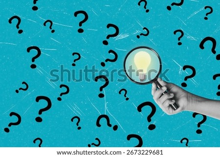 Art collage. A creative composition featuring a hand-held magnifying glass focusing on a glowing light bulb against a vibrant blue background, symbolizing ideas, research, and innovation.