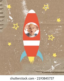 Art Collage With Cute School Age Wondered Boy Inside Drawn Rocket Ship Isolated On Grey Background. Childhood, Dreams, Studying, Back To School Concept. Copy Space For Ad.