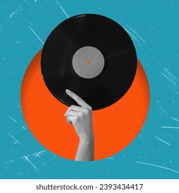 Art collage depicting a hand holding a vinyl record. Vinyl sheet music. Music and retro party concept. - Shutterstock ID 2393434417