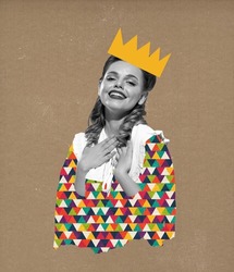 Art Collage Or Design Of Happy Princess In Crown In Magazine Style. Young Smiling Girl Or Abstract Woman Thinking Or Dreaming About Something On Colorful Background. Creative Artwork. Human Emotions