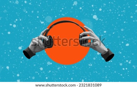 Art collage of digital pop contemporary art. Headphones in hand on a blue background. Listen to the podcast. podcast and music. Asmr sound therapy, webinar, worship.