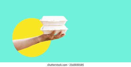 Art Collage Digital Pop Modern Art.Hand Holding To Go Food Box.Delivery Service,Takeaway, Food Delivery.Rider Deliveryman Holding Go Box Food Takeaway.Delivering Food.Package Mockup Brand.Service App.