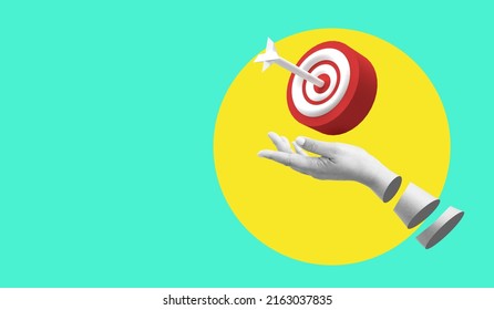Art collage digital pop modern art.AI Hand holding target goal aim strategy success business competition achievement marketing.aim goal, increase motivation, a way to achieve a goal idea.marketing.hit - Shutterstock ID 2163037835