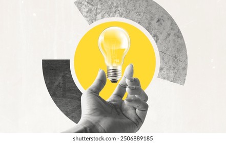 Art collage digital pop modern art. Hand holding light bulb on vintage background - Powered by Shutterstock