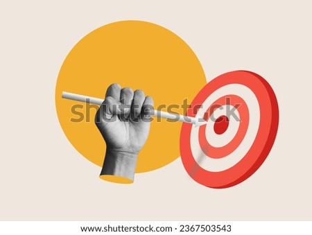 Art collage digital pop modern art. Hand holding target goal aim strategy success business competition achievement marketing.aim goal, increase motivation, a way to achieve a goal idea.marketing.
