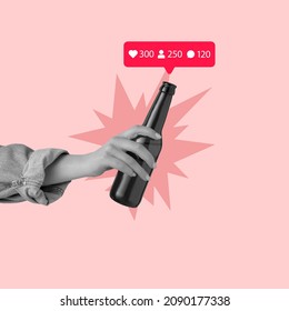 Art collage with female hand holding beer bottle with social media like, follower and comment icons isolated on pink background. Concept of social media, influence, popularity, modern lifestyle and ad