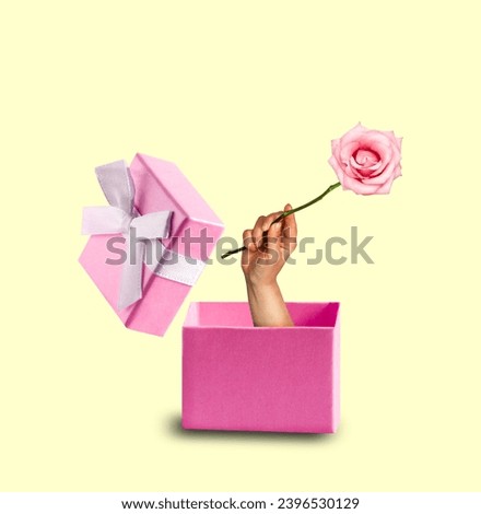 Art collage with gift box and hand holding rose on yellow background. Minimal art card.