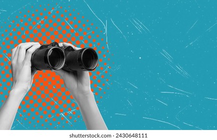 Art collage, hand with binoculars on blue background with space for text. Concept of business promotion or research.