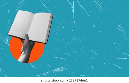 Art collage, hand with book on blue background with copy space. Concept of study and work. - Powered by Shutterstock