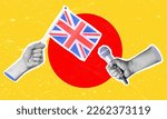 Art collage, collage of a hand holding the flag of England, microphone in the other hand. Concept of an interview with England on a yellow background.