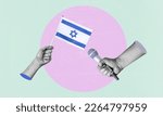 Art collage, collage of a hand holding the flag of Israel, microphone in the other hand. Concept of an interview with Israel on a light background.