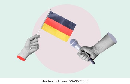 Art collage, collage of a hand holding the German flag, microphone in the other hand. Concept interview with Germany on a light-coloured background.
