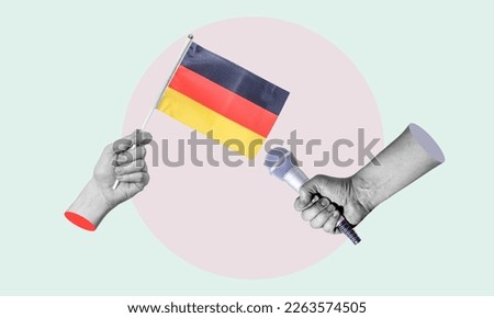 Art collage, collage of a hand holding the German flag, microphone in the other hand. Concept interview with Germany on a light-coloured background.