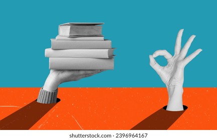 Art collage, hand holding a stack of books, other hand showing a sign that all is well. The concept of education and teaching. - Powered by Shutterstock