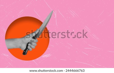 Art collage, the hand with a knife on a pink background with copy space. Concept of attack or stabbing with a knife.