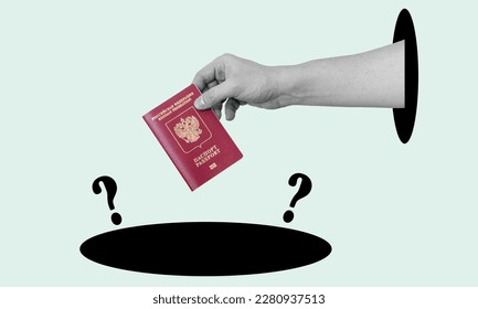 Art collage, hand with Russian passport over black spot with question marks. The concept of the Russian traveler's obscurity. - Shutterstock ID 2280937513