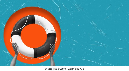 Art Collage. Hands Holding a Lifebuoy on a Blue Background. Concept of Drowning Rescue