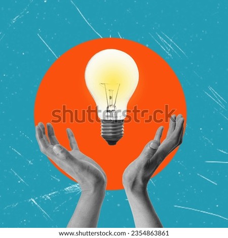 Art collage, hands reaching for a light bulb on an orange background. Concept of idea and work, art modern collage.
