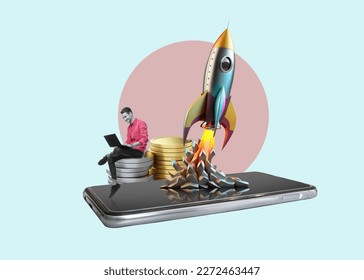 Art collage. Handsome young man using his lapto to get started. Spaceship takes off from a spartphone on a mission. Launch of a Spaceshipl rocket. Successful startup start concept.