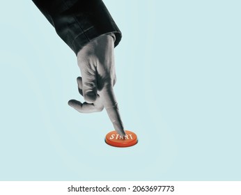 Art collage. The index finger presses the start button. New start - Powered by Shutterstock