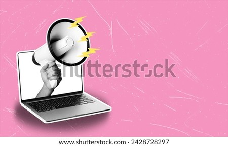 Art collage, laptop and megaphone on pink background with copy space. Concept of work and advertising.