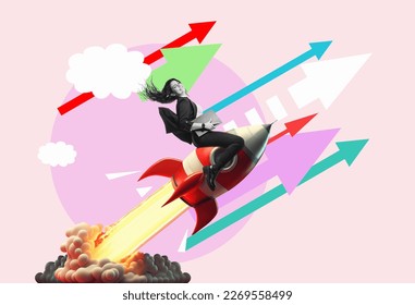 Art collage.  Launch of a red rocket with a smiling business woman. Successful start up concept. Leadership, leading to success or business vision concept