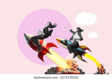 Art collage.  Launch of a red rocket with a smiling business woman. Successful defeat competition concept. Leadership, leading to success or business vision concept