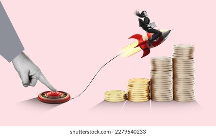 Art collage.  Launch of a red rocket with a smiling business woman. Successful start up concept. Leadership, leading to success or business vision concept - Powered by Shutterstock