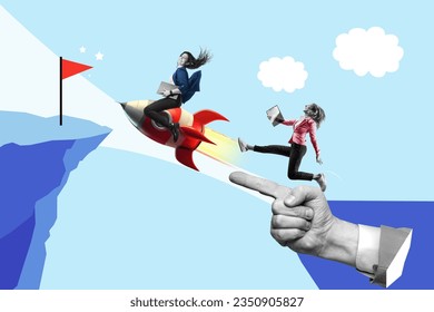 Art collage. Launch of a red rocket with a smiling business woman. Successful defeat competition concept. Leadership, leading to success or business vision concept.