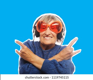 art collage, lifestyle and people concept: Funny old lady listening music and showing thumbs up. 