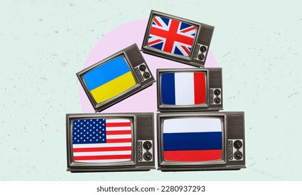 Art collage, lots of retro TVs with flags of countries around the world. Yellow press from retro TVs, daily news. - Shutterstock ID 2280937293