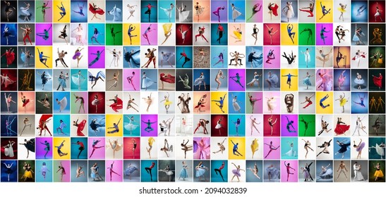 Art collage made of portraits of female and male ballet dancers in stage costumes dancing isolated on multicolored background in neon light. Concept of art, theater, beauty, aspiration, creativity