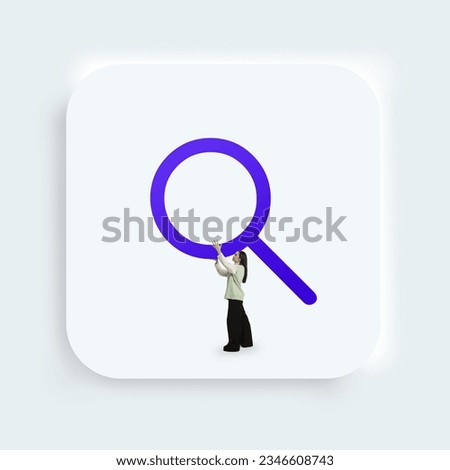 Art collage. Magnifying glass icon, button for web, computer and mobile app. One businesswoman staying clasping search tool. Concept of web disign, digital education, gadgets, visual, art. Ad.