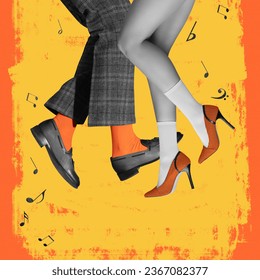 Art collage. Male and female legs in shoes and heels over yellow background,. Party time. Retro fashion. Concept of retro dance, vintage, hobby, creativity and inspiration. Colorful design. Poster, ad