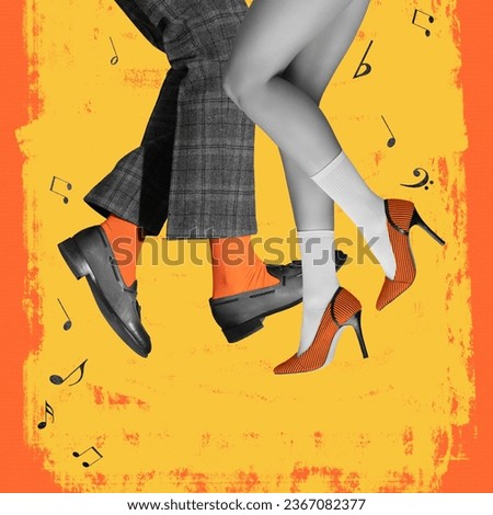 Art collage. Male and female legs in shoes and heels over yellow background,. Party time. Retro fashion. Concept of retro dance, vintage, hobby, creativity and inspiration. Colorful design. Poster, ad