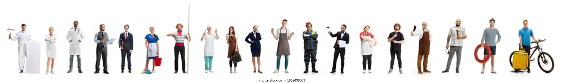 Art collage. Man and woman with different professions on white studio background, horizontal. Modern workers of diverse occupations like stylist, painter, farmer, accountant with equipment