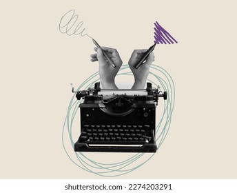 Art collage with an old typewriter and hands with pen. Storytelling, creativity and blogging concept. - Shutterstock ID 2274203291