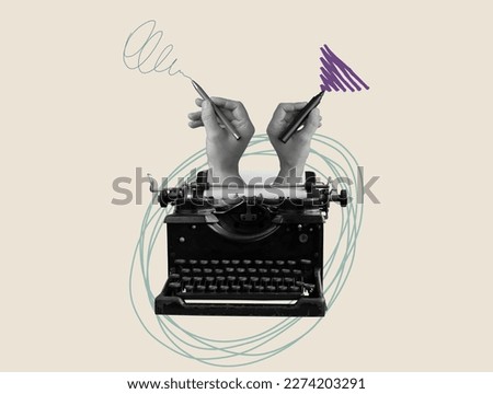 Art collage with an old typewriter and hands with pen. Storytelling, creativity and blogging concept.