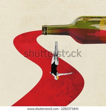 Art collage with one young woman, girl jumping down from wine bottle over beige background. Creative work. Surrealism, party, weekend, holiday, retro, vintage, art, ad concept, alcohol addiction