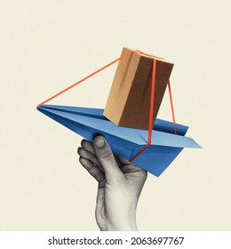 Art collage. Paper airplane with cardboard box. Online shopping concept, fast delivery.