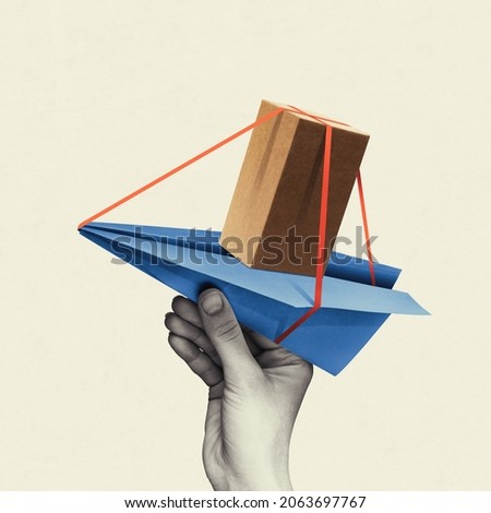 Art collage. Paper airplane with cardboard box. Online shopping concept, fast delivery.