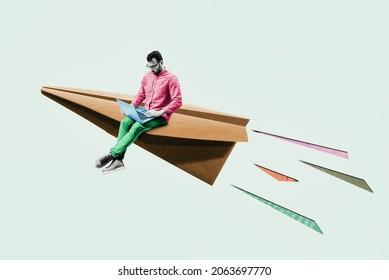 Art Collage. Paper Plane With Sitting Young Man. New Startup Launch, Business Ideas, Creativity.
