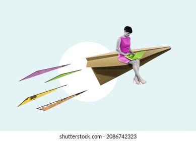 Art collage. Paper plane with sitting young woman. Successful business launch concept. 