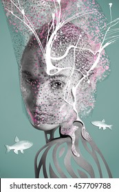 Art Collage Portrait Contemporary Vision Fashion Photography. Woman Face Under Water 