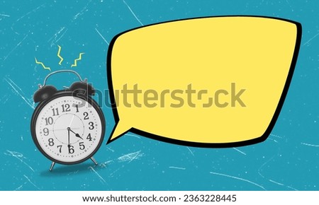 Art collage, ringing alarm clock and message on blue background. Concept of success and promotion.