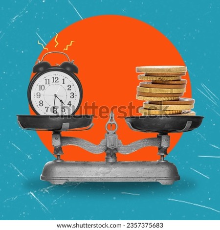 Art Collage, Scales on an Orange Background. On one side, money; on the other side, clocks. The concept of time exchanged for money.