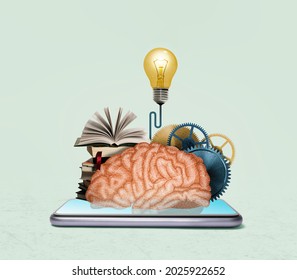 Art collage with a smartphone, brain, stack of books, gears and a light bulb. Online education, new idea. Concept - Shutterstock ID 2025922652