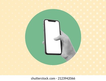 art collage style. Concept frame of blank smartphone. Young woman holding a smartphone in the palm of his hand - Shutterstock ID 2123942066